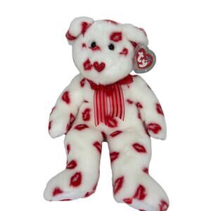 Ty Beanie Buddies Smooch Bear White Red Lips Plush 2001 Valentine Love 14 Inch